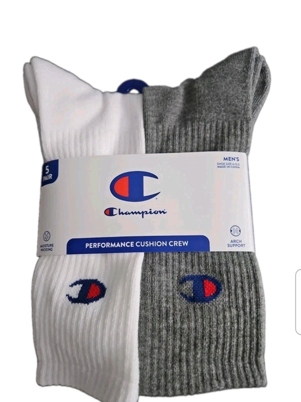 CHAMPION PERFORMANCE CUSHION 5 Pairs CREW SOCKS SIZE 6-12.5 WHITE Mixed Color